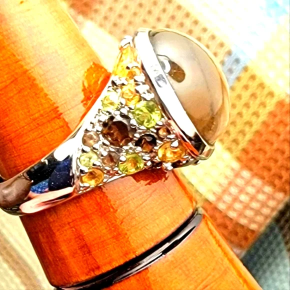 COPY - 🐚 David Sigal SS Smokey Quartz Oval Cabochon Ring with Citrine & Peridot - Picture 3 of 16